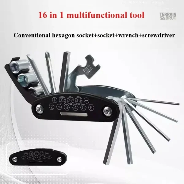 Kit d'entretien compact pour vélo, 16 outils en un