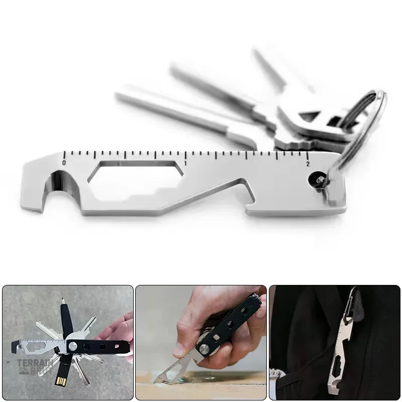 Outil de survie multifonction 10 en 1 pour clés avec tournevis ouvre-bouteille et règle pour camping et randonnée